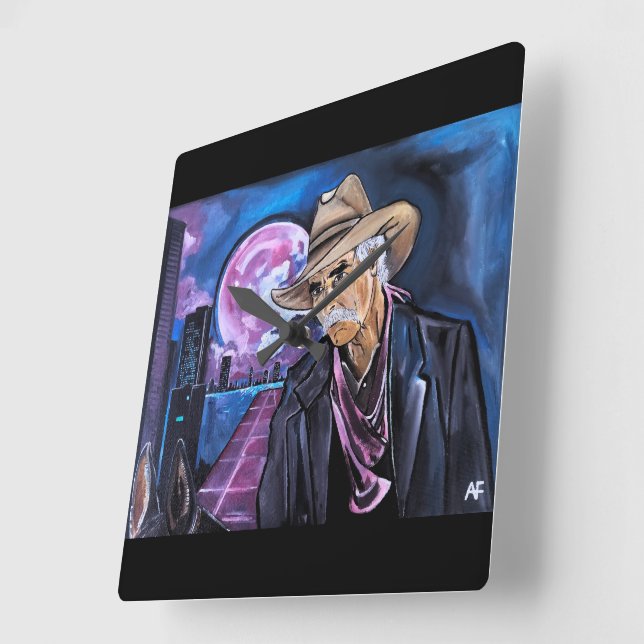 Neon Moon Painting by Alfred Fox Square Wall Clock (Angle)