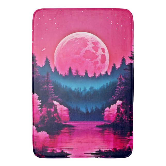 Neon Moonlit Fantasy Forest Lake Bath Mat (Front Vertical)