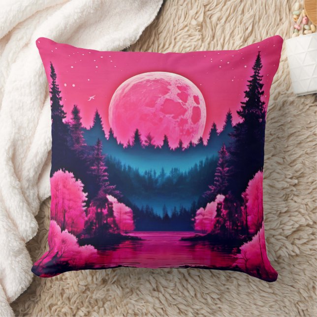 Neon Moonlit Fantasy Forest Lake Cushion (Blanket)