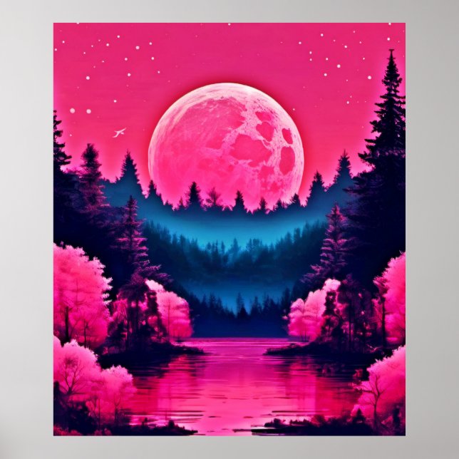 Neon Moonlit Fantasy Forest Lake Poster (Front)