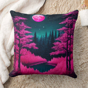 Neon Moonlit Forest Fantasy Art Cushion