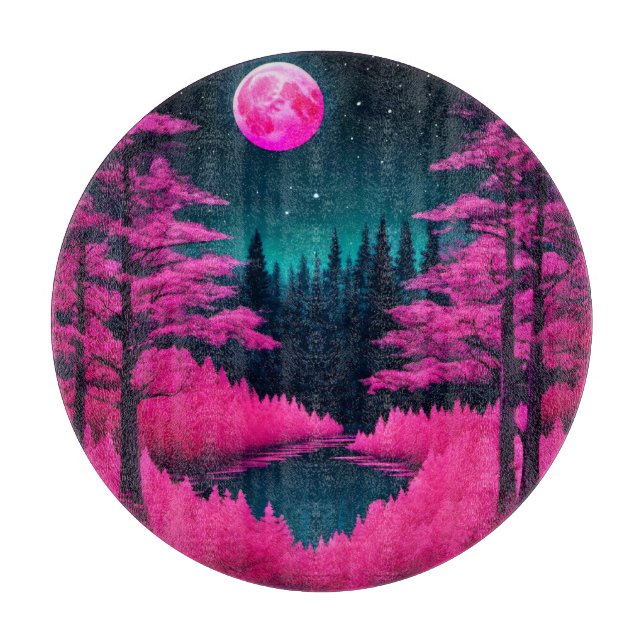 Neon Moonlit Forest Fantasy Art Cutting Board (Front)