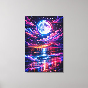 Neon Moonlit Ocean – Cosmic Night Seascape Art Canvas Print