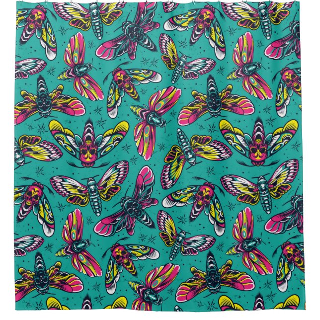 Neon Moth Pattern Shower Curtain (Front)