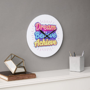 Neon motivational quote 'Dream believe achieve' Large Clock