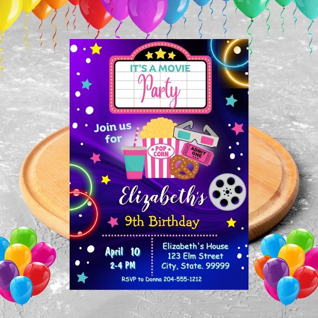 Neon Movie Night Girl Birthday Party Invitation (Creator Uploaded)