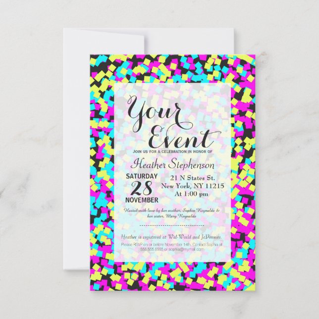 Neon Multi-Coloured Fun Confetti Invitation (Front)