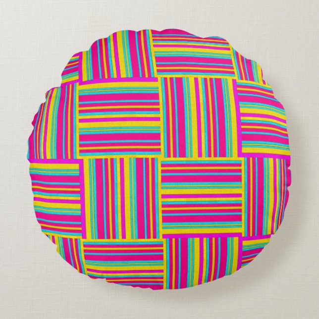 Neon Multi Coloured Weaved Squares Round Cushion (Front)