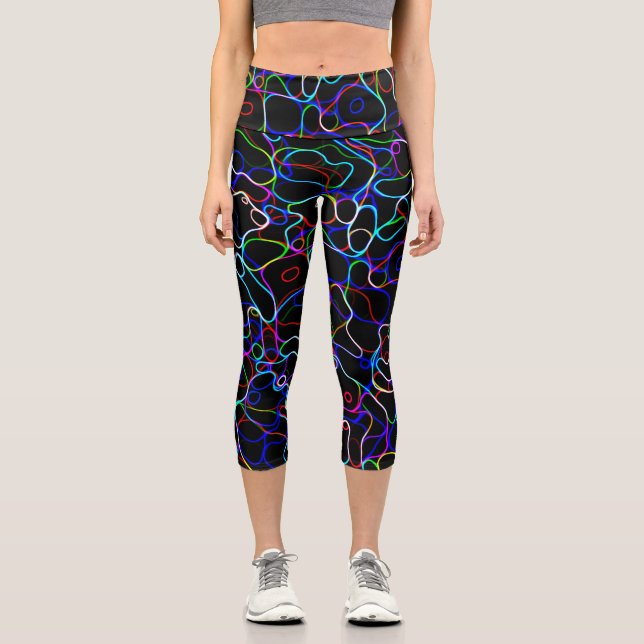 Neon Multicolor Curvy Lines Capri Leggings (Front)