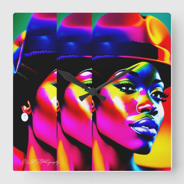 NEON MUSE: Electric Iridescence Square Wall Clock (Front)