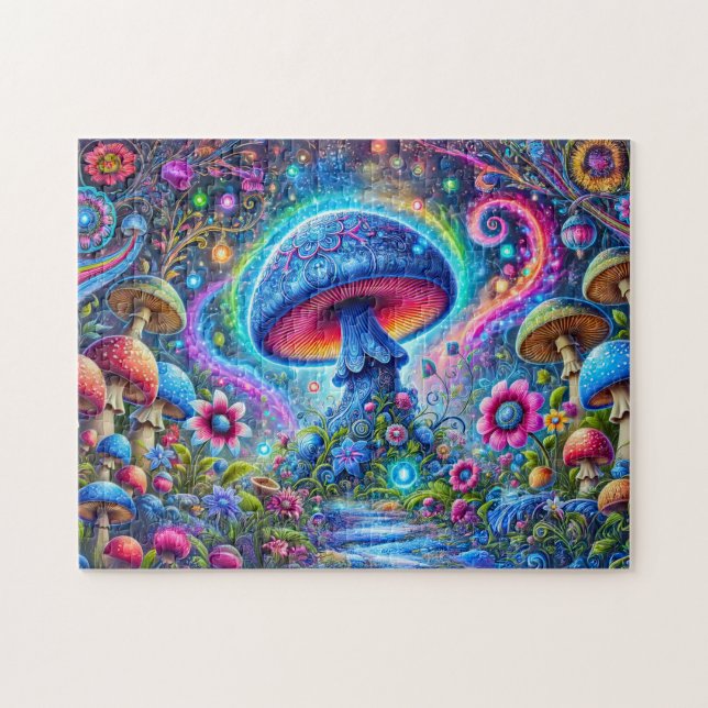 Neon Mushroom Glow Psychedelic Fantasy Forest Jigsaw Puzzle (Horizontal)