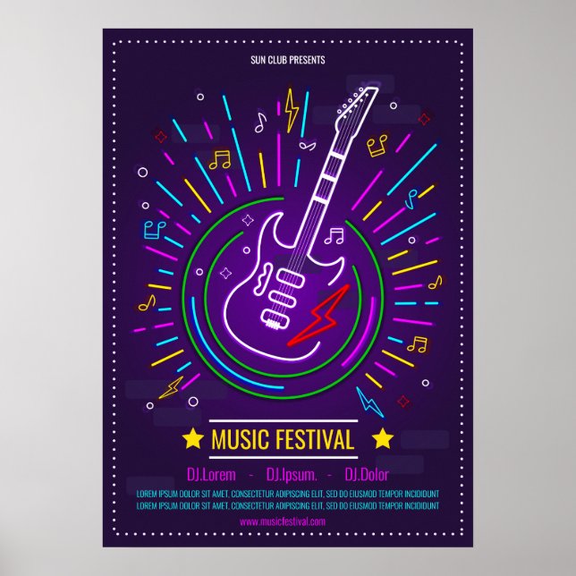 Neon music background with electric guitar Poster (Front)