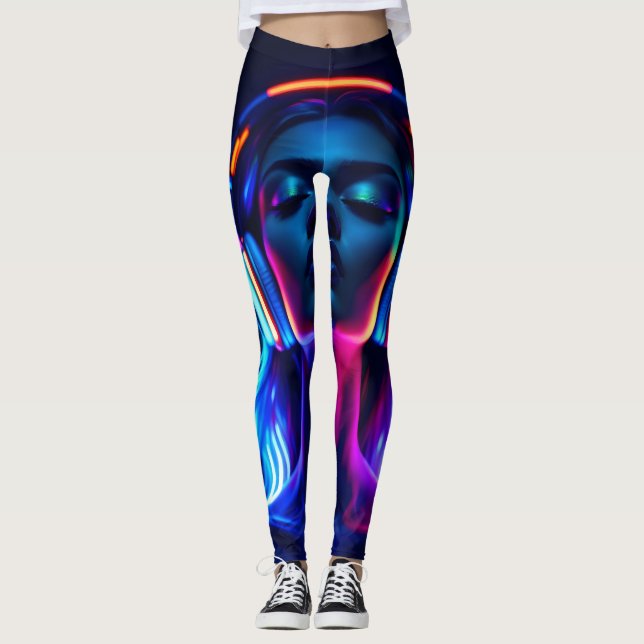 Neon Music Meditation – Woman with Headphones Art Leggings (Front)