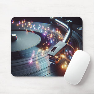Neon Musical Notes Emanating From Turntable Mouse Mat