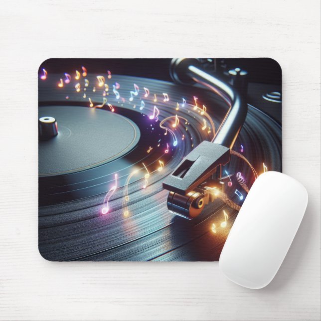 Neon Musical Notes Emanating From Turntable Mouse Mat (With Mouse)