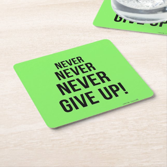 Neon Never Give Up Winston Churchill Motivational  Square Paper Coaster (Angled)