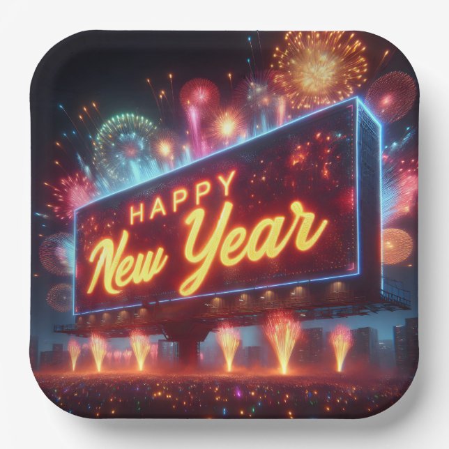 Neon New Year Billboard Paper Plate (Front)