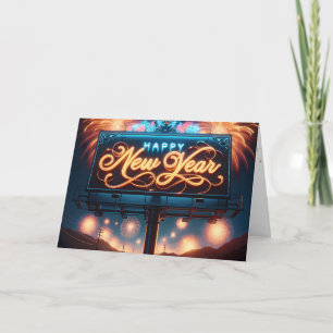 Neon New Year Billboard With Fireworks Holiday Card