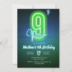 Neon ninth birthday Invitation