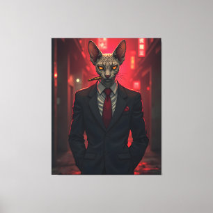 Neon Noir Sphynx Cat in Mafia Style Canvas Print