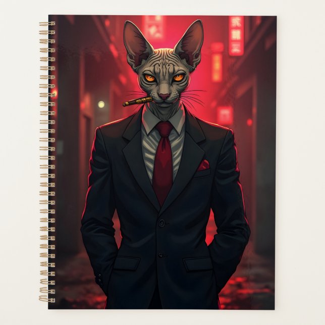 Neon Noir Sphynx Cat in Mafia Style Planner (Front)