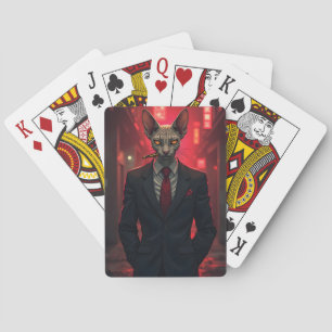 Neon Noir Sphynx Cat in Mafia Style Playing Cards
