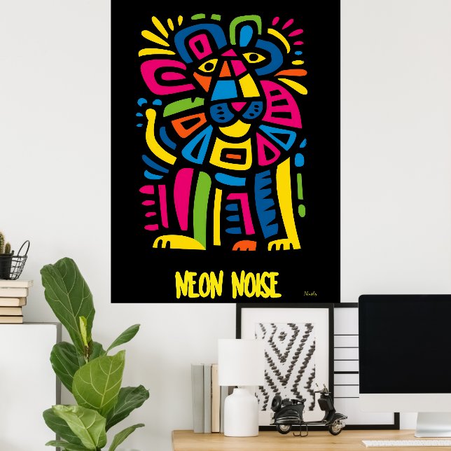 Neon Noise Lion – Abstract Geometric Tribal Art Poster (Home Office)