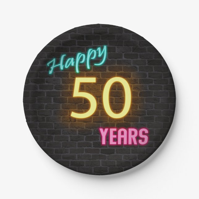 Neon number 50 sign on brick wall paper plate (Front)