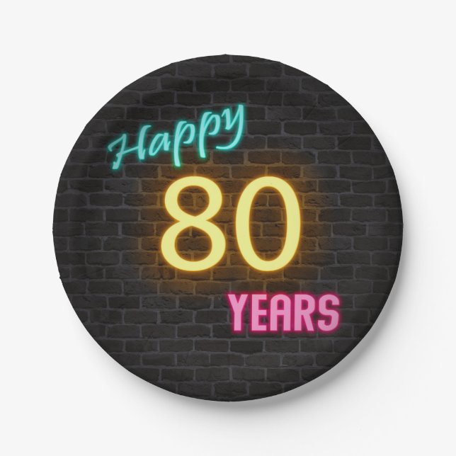 Neon number 80 sign on brick wall paper plate (Front)