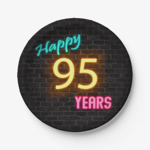 Neon number 95 sign on brick wall paper plate