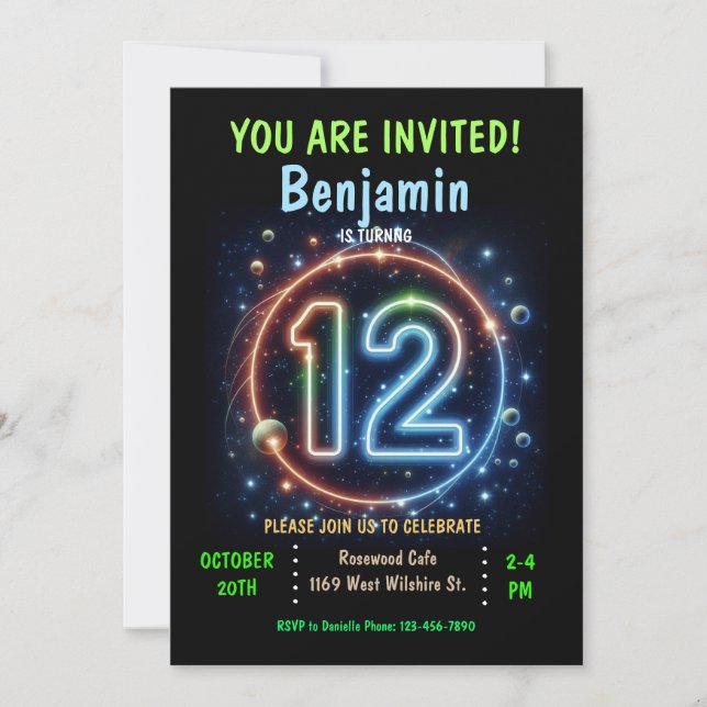 Neon Number Boy 12th Birthday  Invitation (Front)