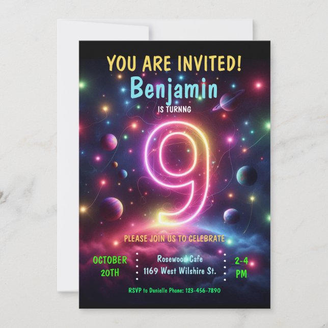Neon Number Boy 9th Birthday  Invitation (Front)