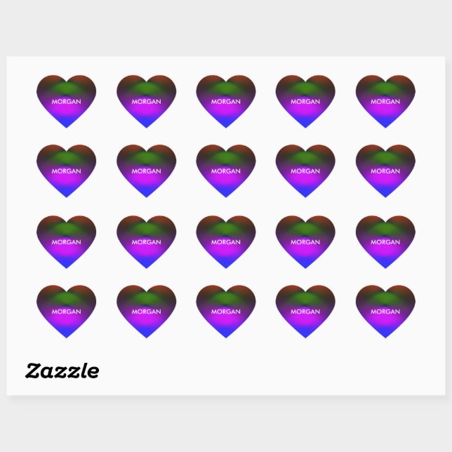 Neon of Blue, Purple, Green, Orange Add Name Heart Sticker (Sheet)