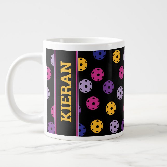 Neon on black pickleball, custom name  large coffee mug (Left)