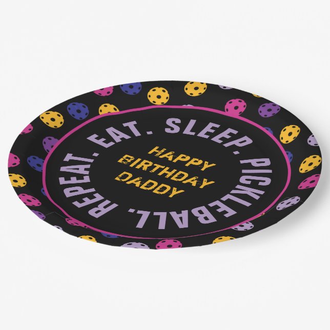 Neon on black pickleball,  custom name paper plate (Angled)