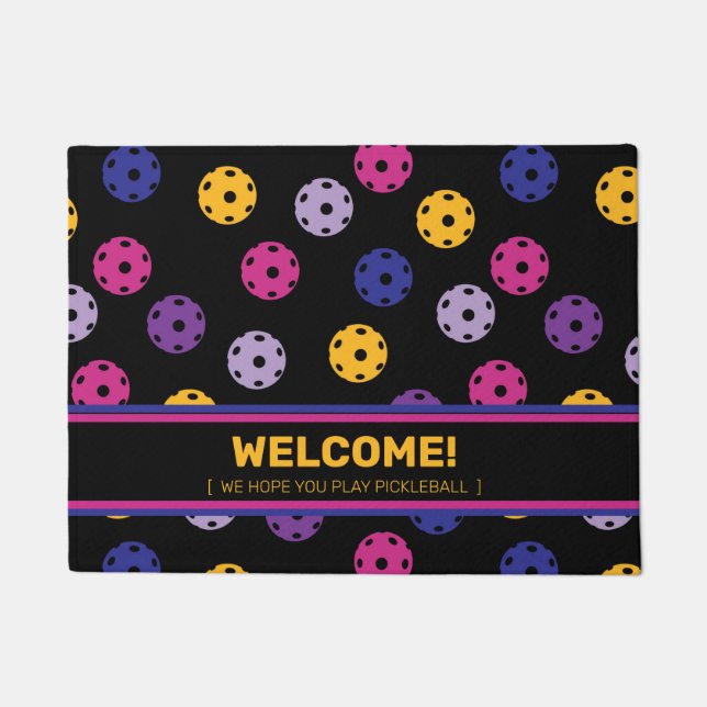 Neon on black pickleball,  custom text  doormat (Front)