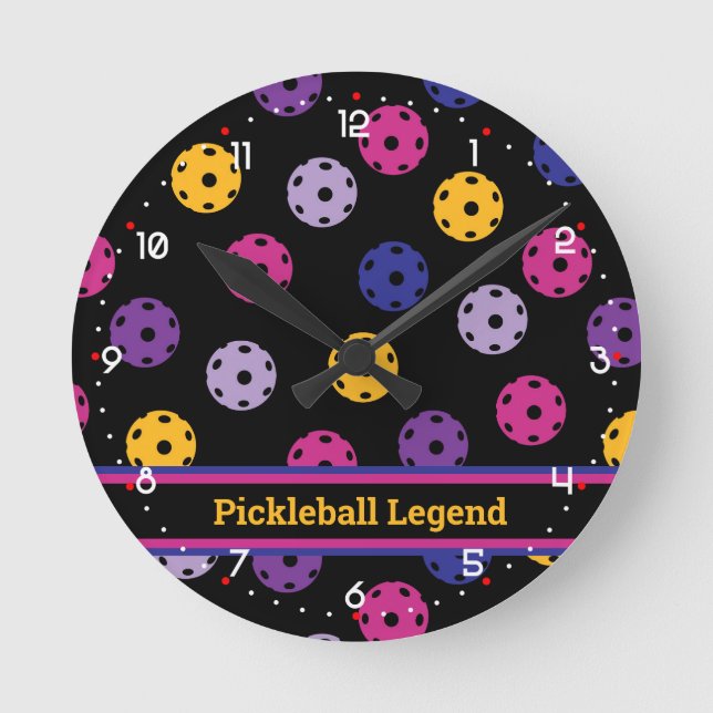 Neon on black pickleball, custom text round clock (Front)