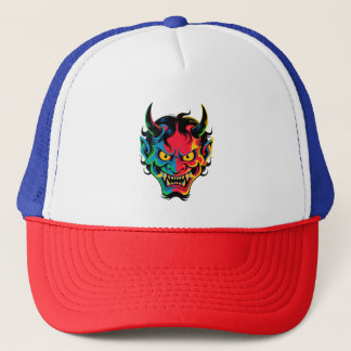 Neon Oni Rage  Colourful Japanese Demon Mask Vecto Trucker Hat