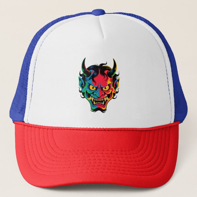 Neon Oni Rage  Colourful Japanese Demon Mask Vecto Trucker Hat (Front)