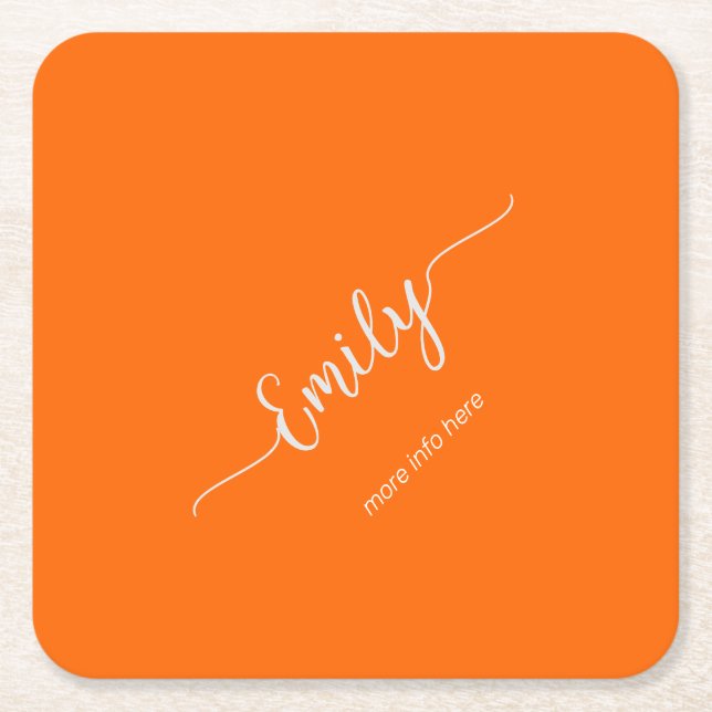 neon  orange elegant script square paper coaster (Front)