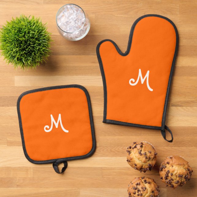neon  orange -  monogrammed     oven mitt & pot holder set (Top Down)