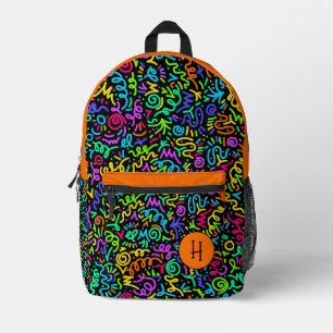 Neon Orange Squiggle Monogram  Printed Backpack