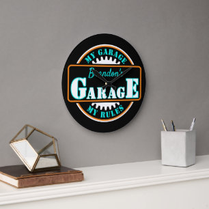 Neon Orange Turquoise Blue Garage Text on Black Large Clock