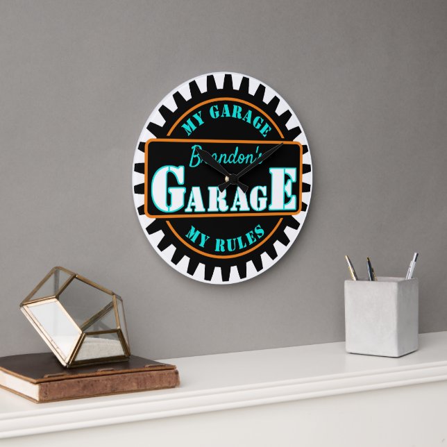Neon Orange Turquoise Blue Garage Text on Black Large Clock (Office)