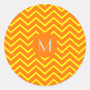 neon orange yellow chevron - add monogram classic round sticker