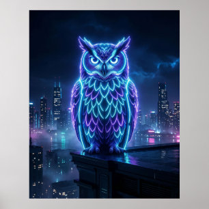 Neon Owl Midnight Skyline Poster