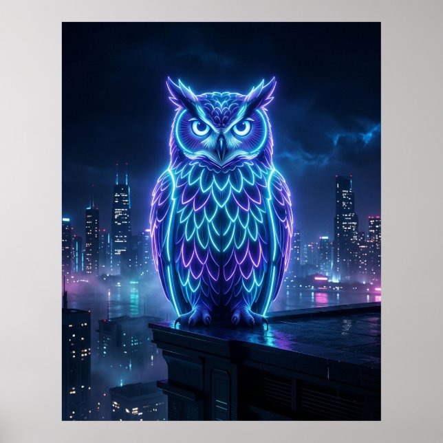Neon Owl Midnight Skyline Poster (Front)