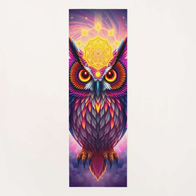 Neon Owl Portrait: Psychedelic Swirl Art Yoga Mat (Front)
