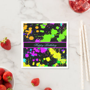 Neon Paint Pink Green Purple Yellow Happy Birthday Napkin
