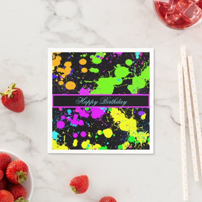 Neon Paint Pink Green Purple Yellow Happy Birthday Napkin (Insitu)